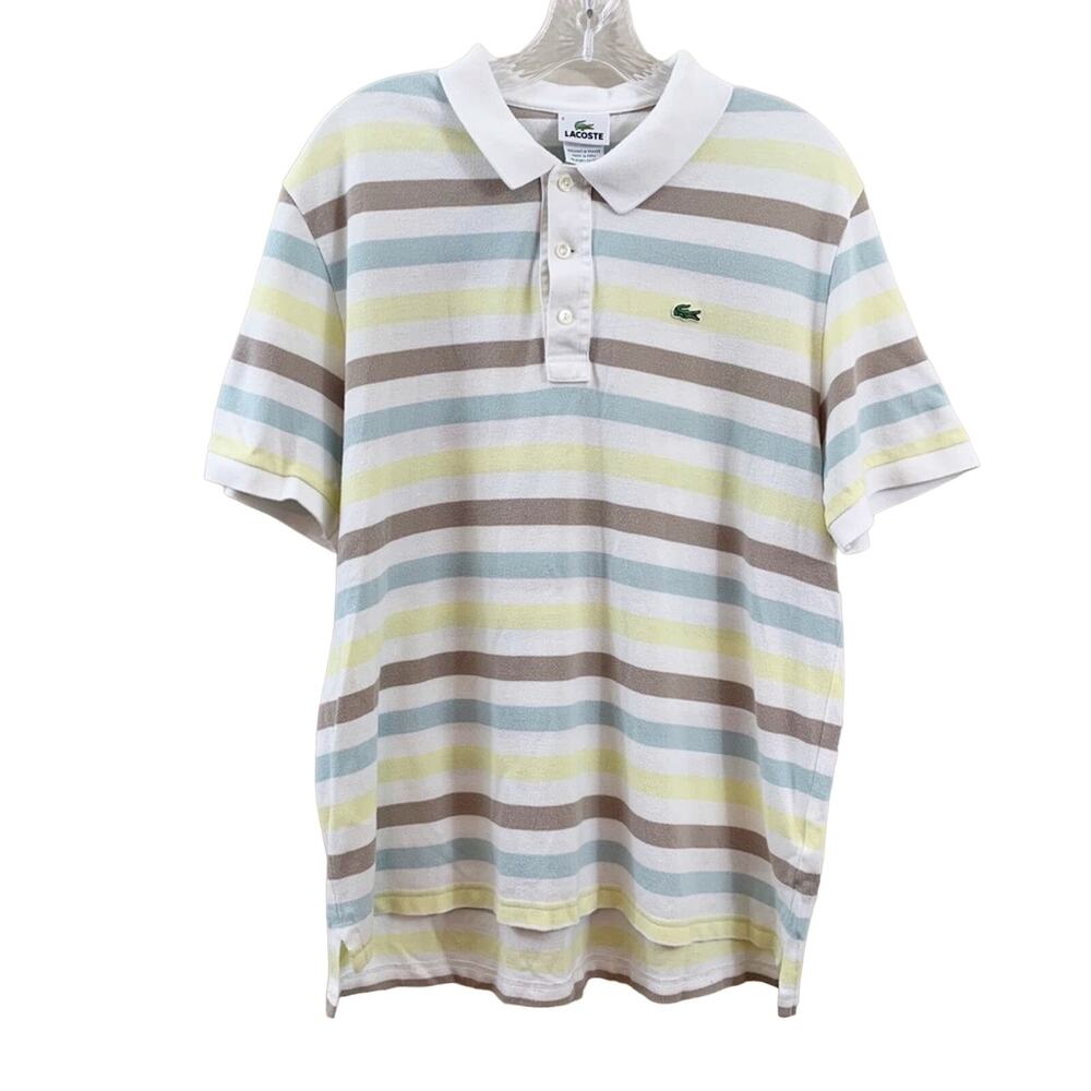 Lacoste White/Brown/Yellow Striped Polo Short Sleeve Shirt